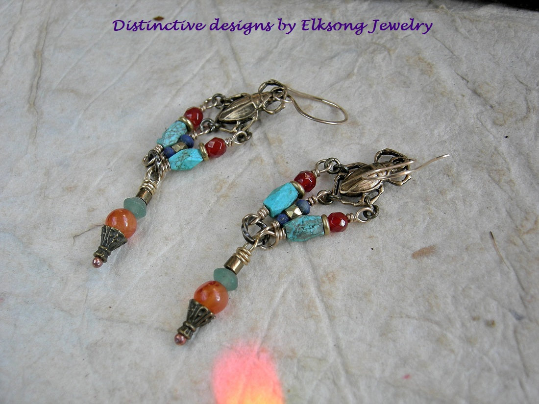 Golden scarab earrings with turquoise, lapis, carnelian, ancient Roman glass, gold & brass