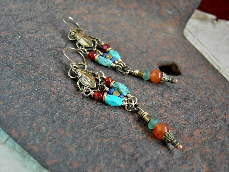 Colorful gemstone earrings with golden scarabs, turquoise, lapis, carnelian, ancient Roman glass, gold & brass