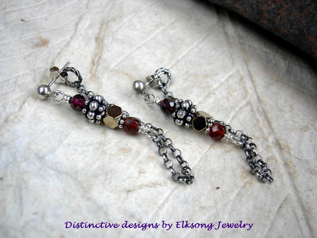 Bohemian post & chain earrings with orange & red gemstone, sterling posts & chain loops, silver Bali style beads. 