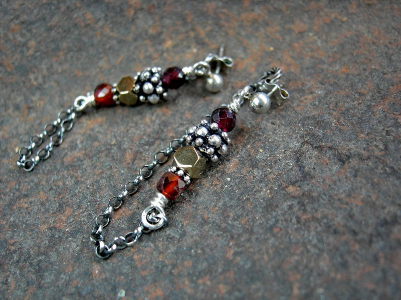 Unique boho post & chain earrings with orange & red gemstone, sterling posts & chain loops, silver Bali style beads. 