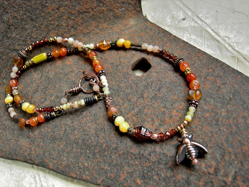 Sun colored gemstone & copper bee wrap bracelet or necklace,  glass & copper beads, amber, carnelian, yellow opal, hessonite. 