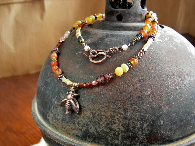 Dual wear wrap bracelet or necklace, strung gemstone, glass & copper beads, amber, carnelian, yellow opal, hessonite. 