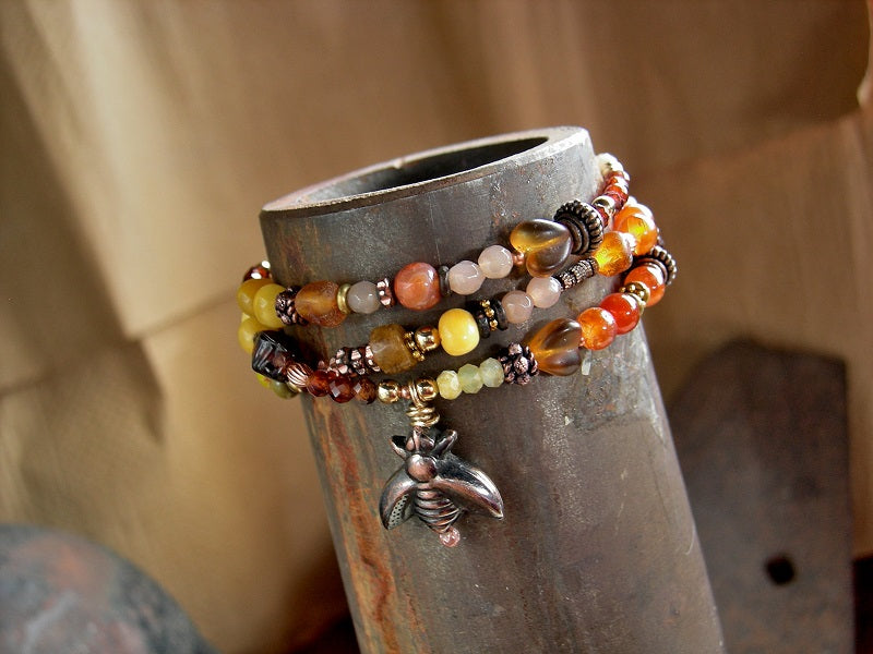 Copper bee wrap bracelet or necklace, strung gemstone, glass & copper beads, amber, carnelian, yellow opal, hessonite. 