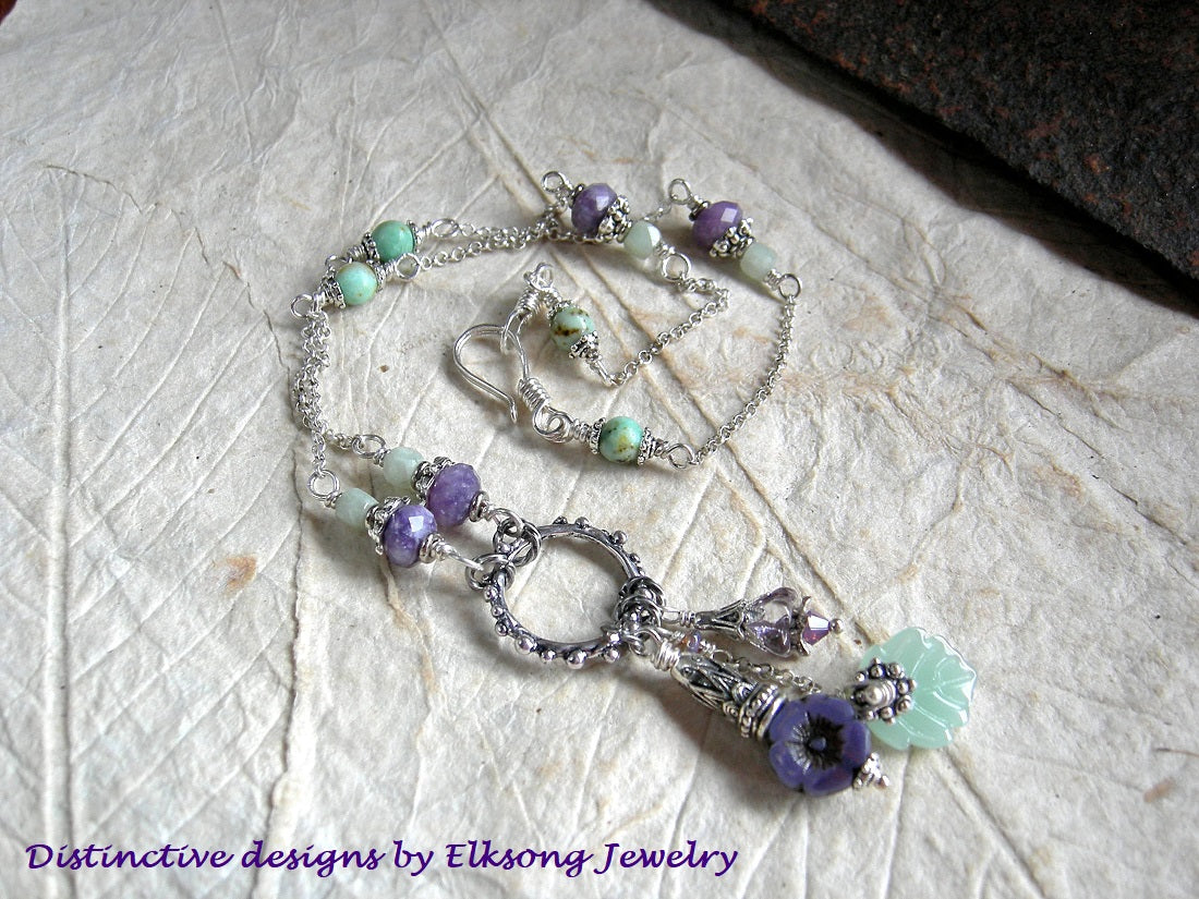 Violets in Spring, dainty silver chain necklace with purple & green gemstone and glass flower & leaf beads. 
