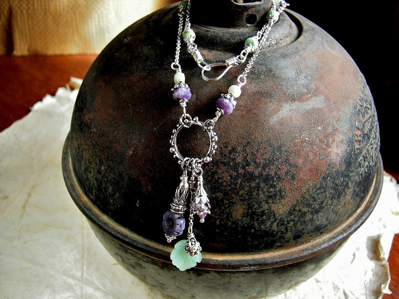 Purple & green gemstone and glass flower & leaf bead silver chain necklace. 