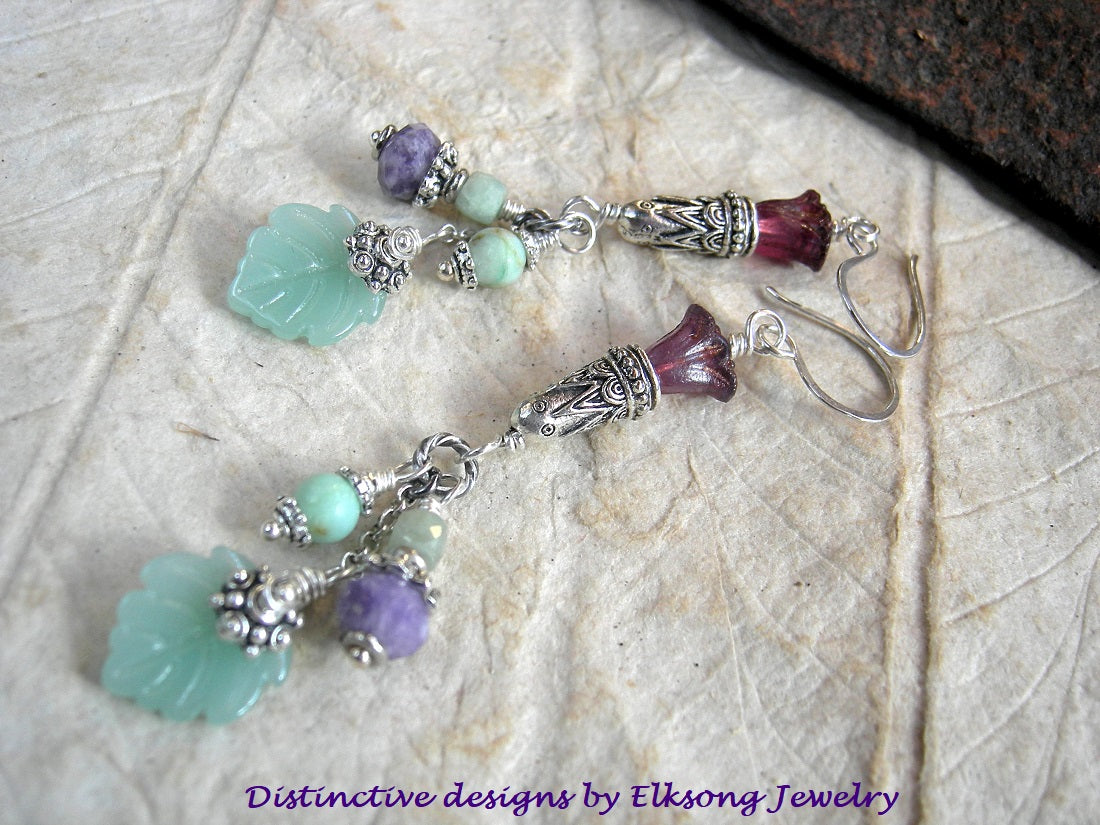 Spring Flowers earrings with purple & green gemstone & glass flower & leaf beads, antiqued silver caps & chain. 