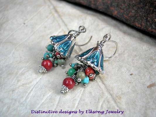 Festive turquoise & coral cluster style earrings, gemstone beads & enameled silver caps.