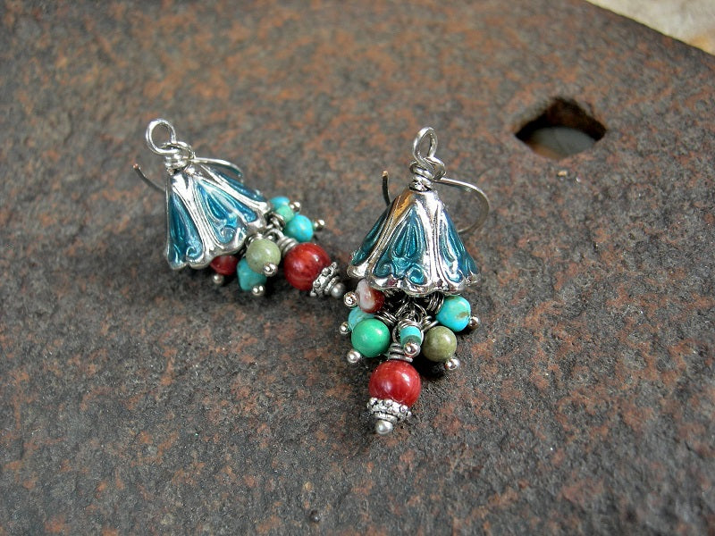 Frothy cluster style earrings with turquoise, coral & spiny oyster shell gemstone beads & enameled silver caps.