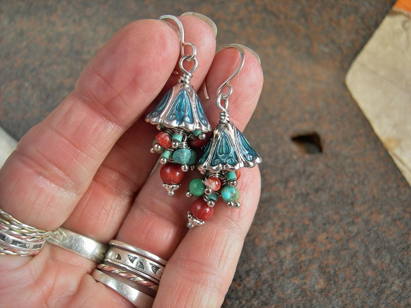 Bohemian turquoise & coral cluster style earrings, gemstone beads & enameled silver caps.