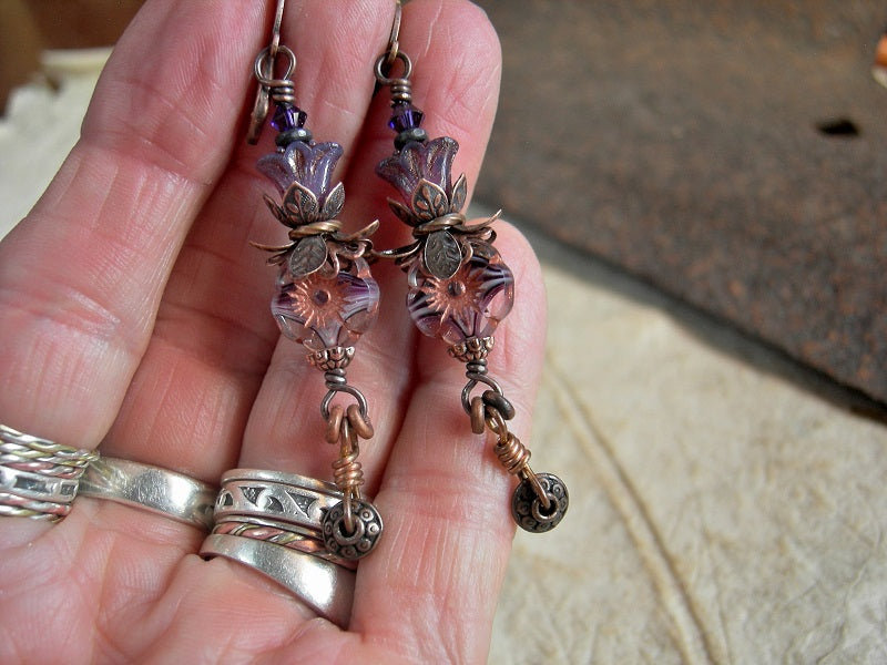 Copper & Purple Glass Flower Drop Earrings, Dainty Boho
