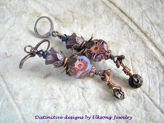 Copper & Purple Glass Flower Drop Earrings, Dainty Boho