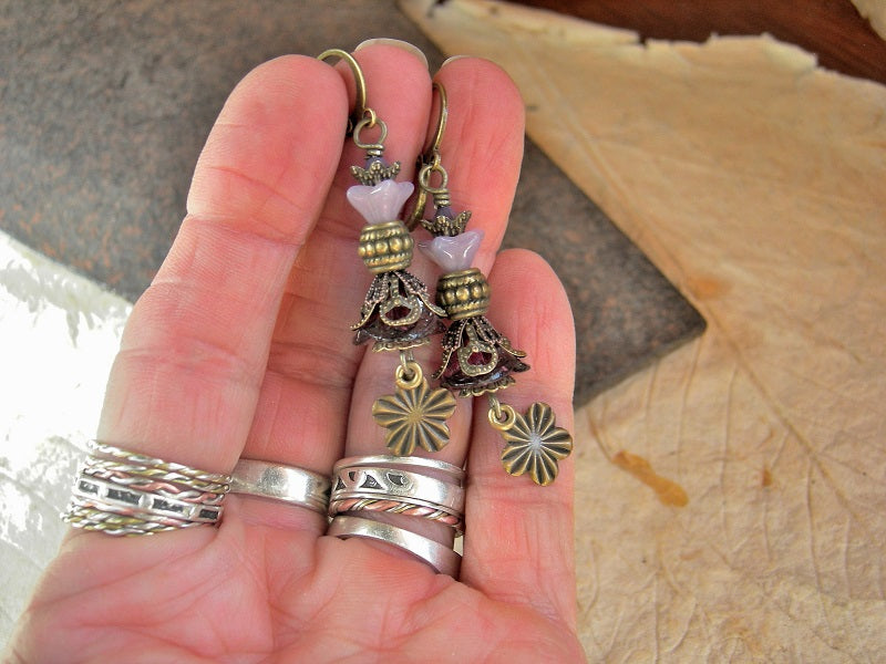 Violet Blossom Earrings, Antiqued Brass, Glass Flowers, Crystal Beads