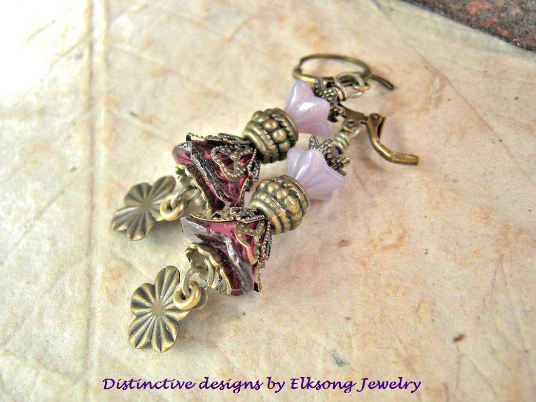 Violet Blossom Earrings, Antiqued Brass, Glass Flowers, Crystal Beads