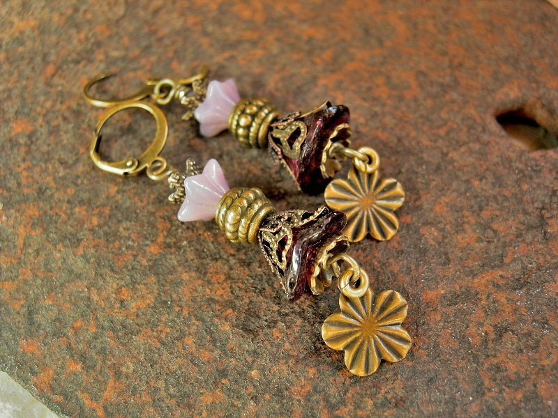 Violet Blossom Earrings, Antiqued Brass, Glass Flowers, Crystal Beads