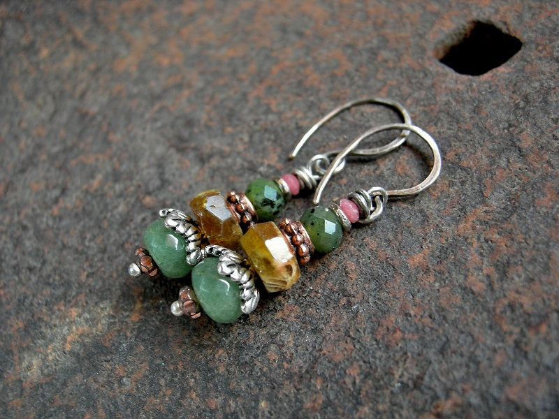 Minimalist gemstone bead stack earrings with green garnet, jade & aventurine, pink thulite, silver & copper. 