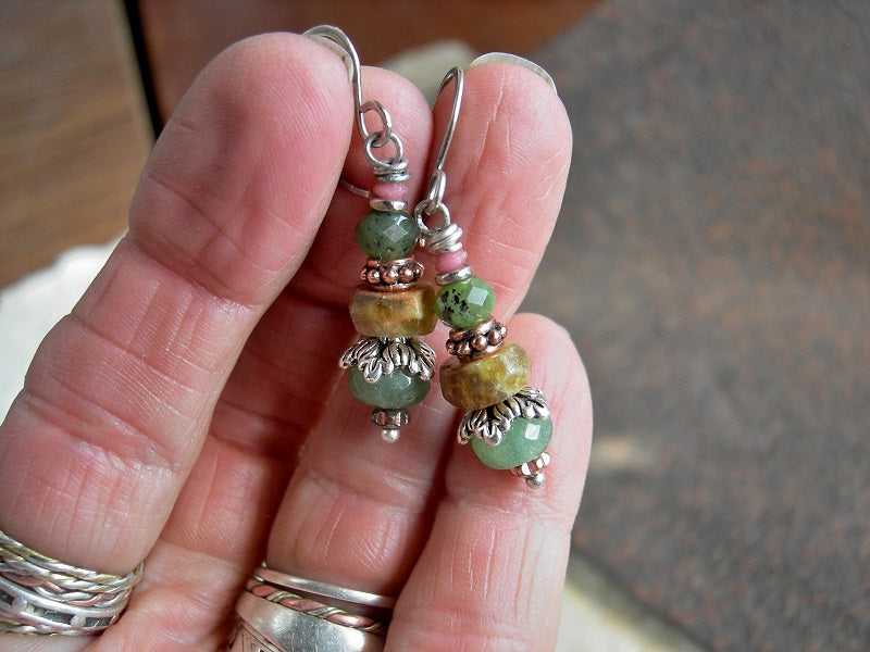 Earthy color gemstone bead stack earrings with green garnet, jade & aventurine, pink thulite, silver & copper. 