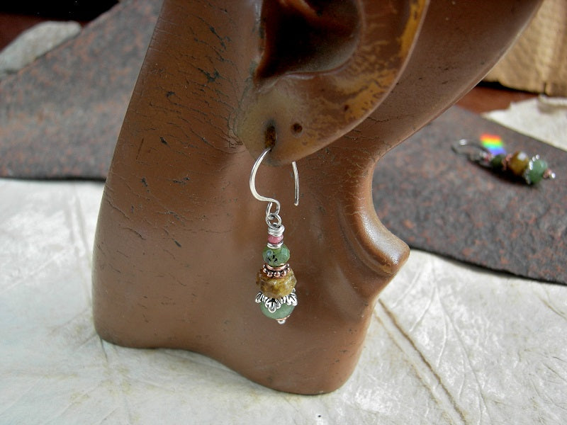 Gemstone bead stack earrings with green garnet, jade & aventurine, pink thulite, silver & copper. 