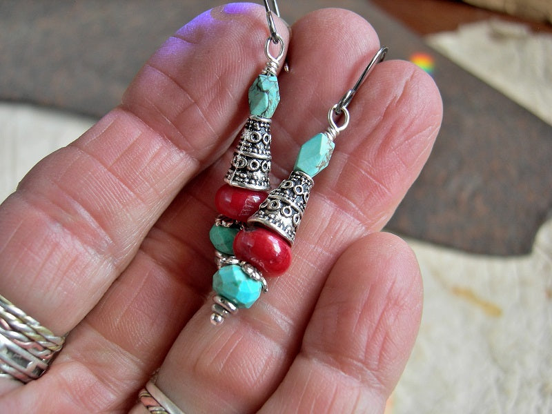 Simple gemstone drop earrings with coral, genuine turquoise & silver finish cone caps. Sterling ear wires. 