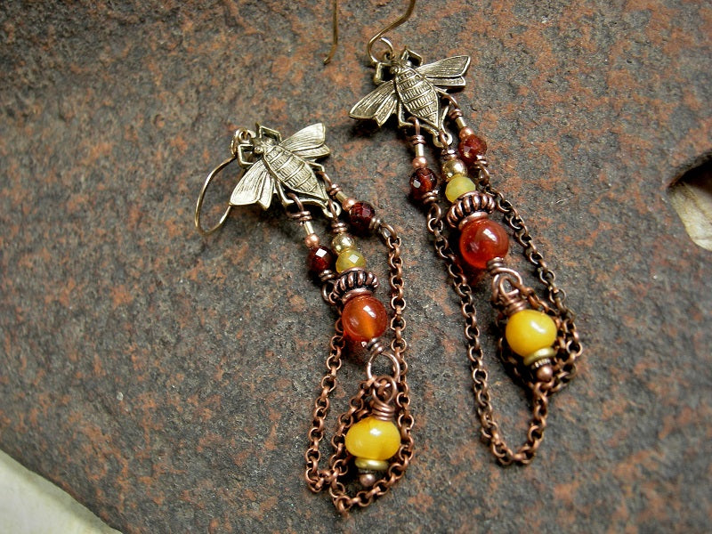 Boho luxe earrings, chandelier style with brass Art Nouveau bees, amber, carnelian & copper chain. 