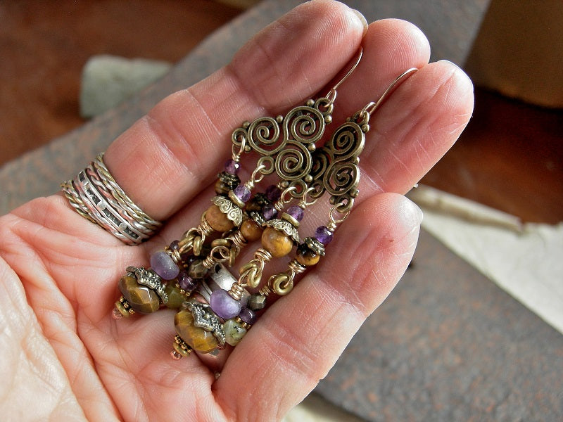 Hippie gypsy chandelier earrings in antiqued brass with amethyst, tiger eye, yellow opal & fossilized coral gemstone beads. 14kt gf ear wires. 