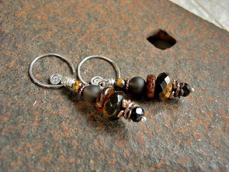 Dark gemstone bead & antiqued earrings with stacked faceted tiger eye, smoky quartz, amber & black tourmaline beads. 