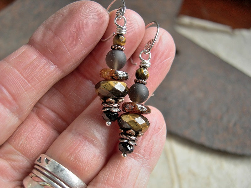 Simple boho stacked bead earrings with faceted tiger eye, smoky quartz, amber & black tourmaline beads. 