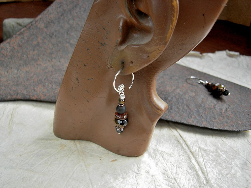 Dark & smoky short drop earrings with stacked faceted tiger eye, smoky quartz, amber & black tourmaline beads. 