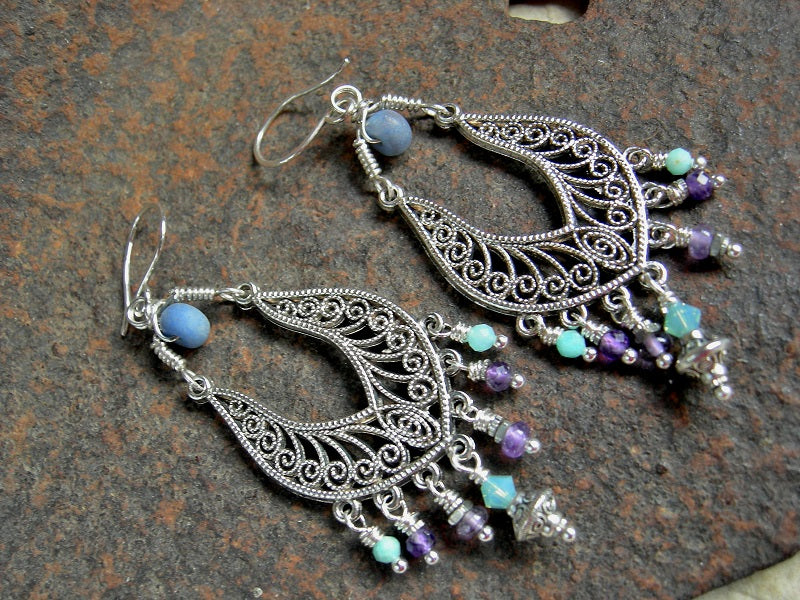 Chandelier earrings with intricate, silver filigree style hangers, amethyst, amazonite & blue agate beads.