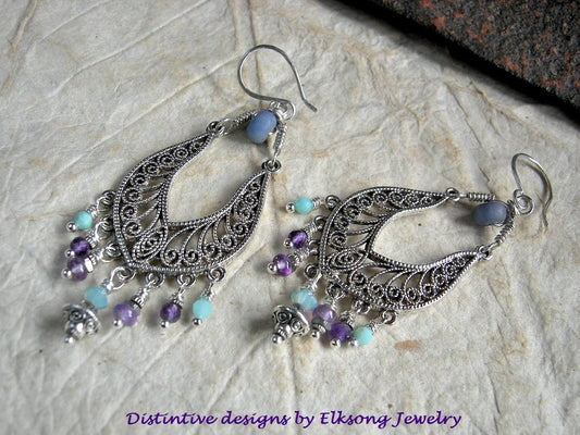 Cool Waters chandelier earrings with silver filigree style hangers, amethyst, amazonite & blue agate beads.