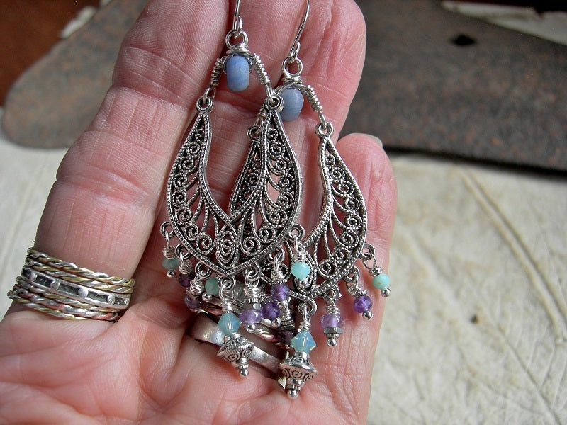 Silver, blue & purple chandelier earrings with silver filigree style hangers, amethyst, amazonite & blue agate beads.