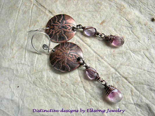 Orb Weaver Earrings, Etched Copper Spider Designs, Amethyst, Fluorite