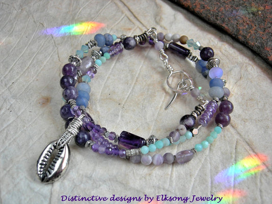 Serene Seas wrap bracelet/necklace with silver cowrie focal, amethyst, lepidolite, amazonite & blue agate. 