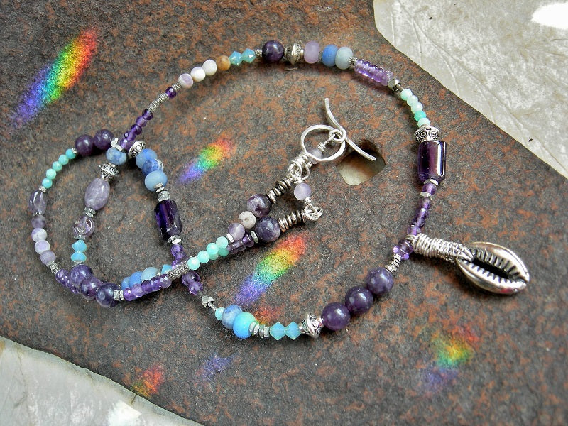 Gemstone bead wrap bracelet/necklace with silver cowrie focal, amethyst, lepidolite, amazonite & blue agate. 