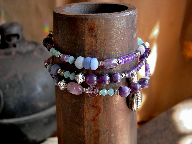 Boho luxe wrap bracelet/necklace with silver cowrie focal, amethyst, lepidolite, amazonite & blue agate. 