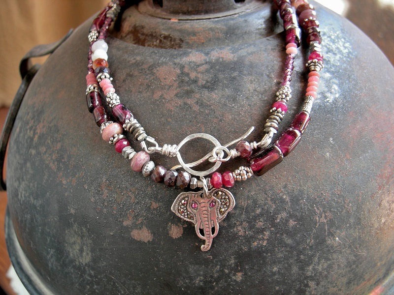 Boho luxe, Ganesh-inspired wrap bracelet/necklace with vintage sterling elephant head charm and garnet, ruby, thulite & silver strung beads. 