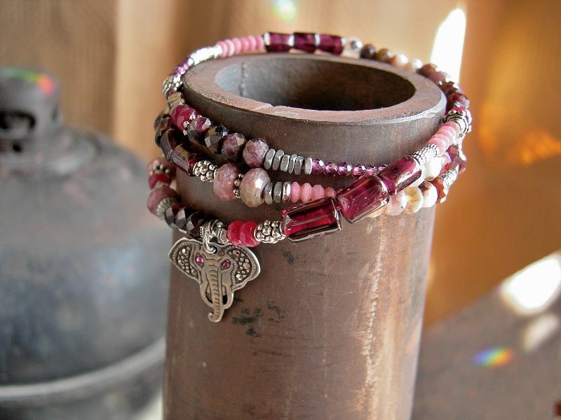 Hippie-gypsy wrap bracelet/necklace with vintage sterling elephant head charm and garnet, ruby, thulite & silver strung beads. 