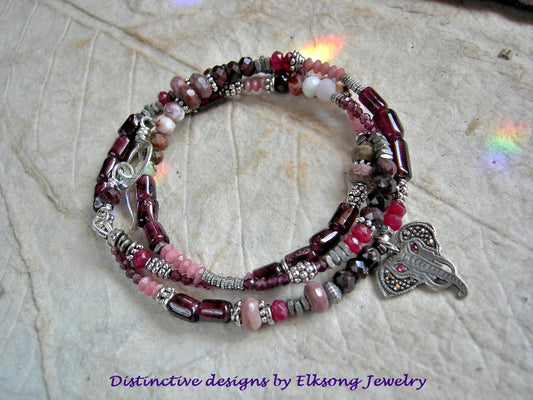 Ruby Ganesh wrap bracelet/necklace with vintage sterling elephant head charm and garnet, ruby, thulite & silver strung beads. 