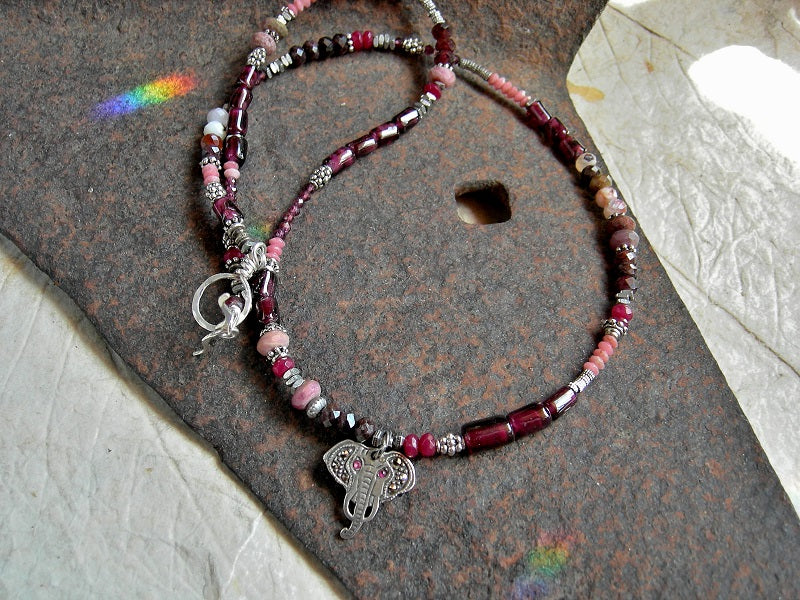 Ganesh inspired wrap bracelet/necklace with vintage sterling elephant head charm and garnet, ruby, thulite & silver strung beads. 