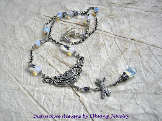 White & silver Edwardian style necklace with oxidized sterling chain, opalite, iolite & silver dragonfly.