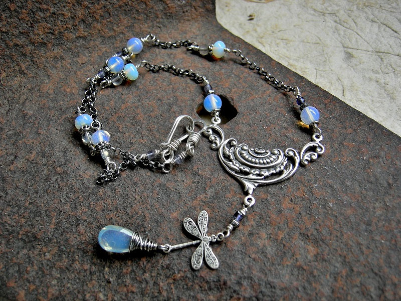 Elegant Edwardian style necklace with oxidized sterling chain, opalite, iolite & silver dragonfly.