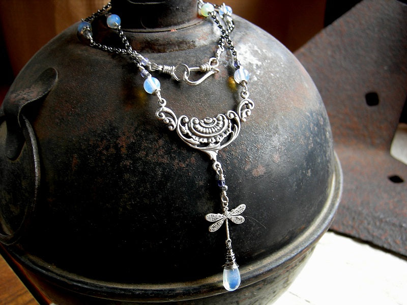 White & silver dainty boho necklace with oxidized sterling chain, opalite, iolite & silver dragonfly.