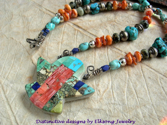 Thunder Bird necklace with hand cut focal of various turquoises, spiny oyster shell & lapis, strung with same beads & sterling silver bench beads. 
