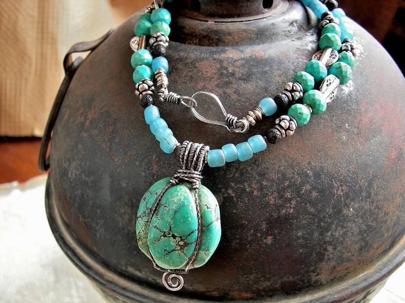 High grade Hubei turquoise necklace with aqua Java glass, black lava stone & sterling wire wrap. 