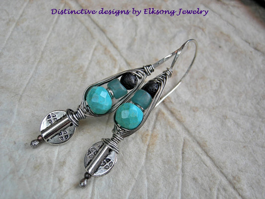 Urban boho wrapped hook earrings with turquoise, Java glass, black lava stone & oxidized sterling wire wrap. 