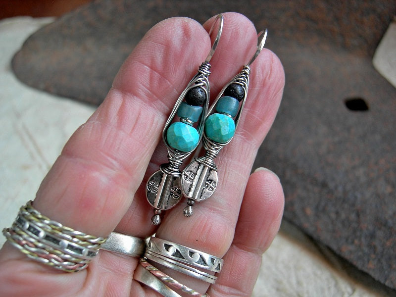 Aqua & black wrapped hook earrings with turquoise, Java glass, lava stone & oxidized sterling wire wrap. 