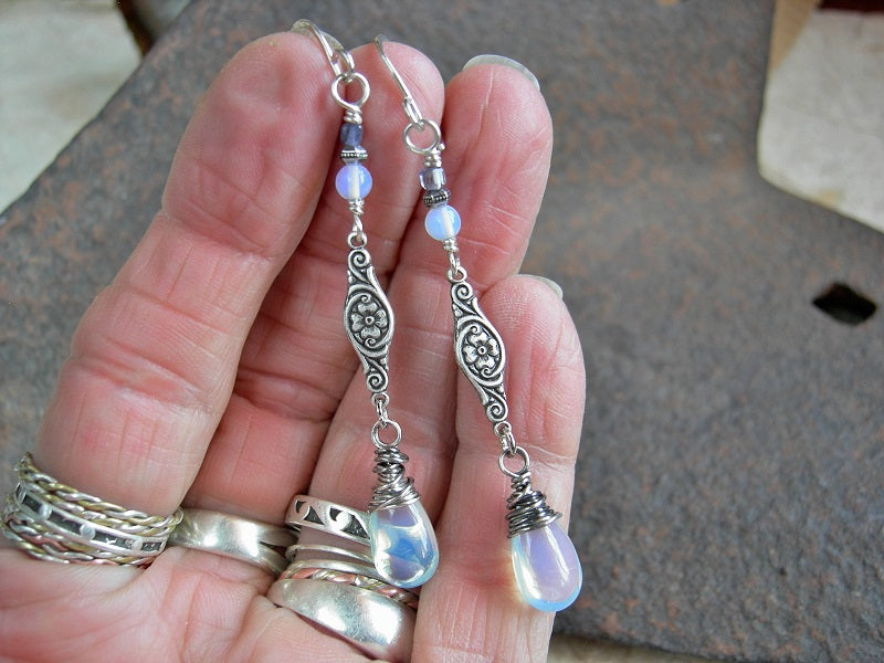 Vintage style earrings with opalite drops & rounds, faceted iolite cubes & antiqued silver floral connectors. 