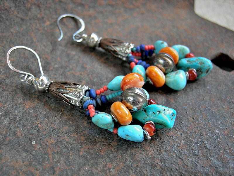 Boho luxe gemstone earrings, double loops with natural U.S. turquoise, spiny oyster shell, lapis & sterling bench beads. 