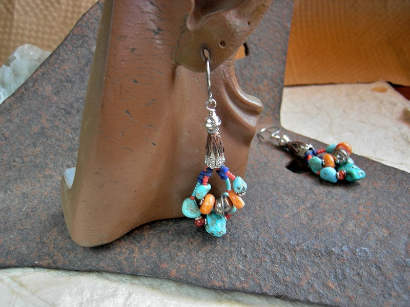 Colorful gemstone Amerind inspired earrings, double loops with natural U.S. turquoise, spiny oyster shell, lapis & sterling bench beads. 