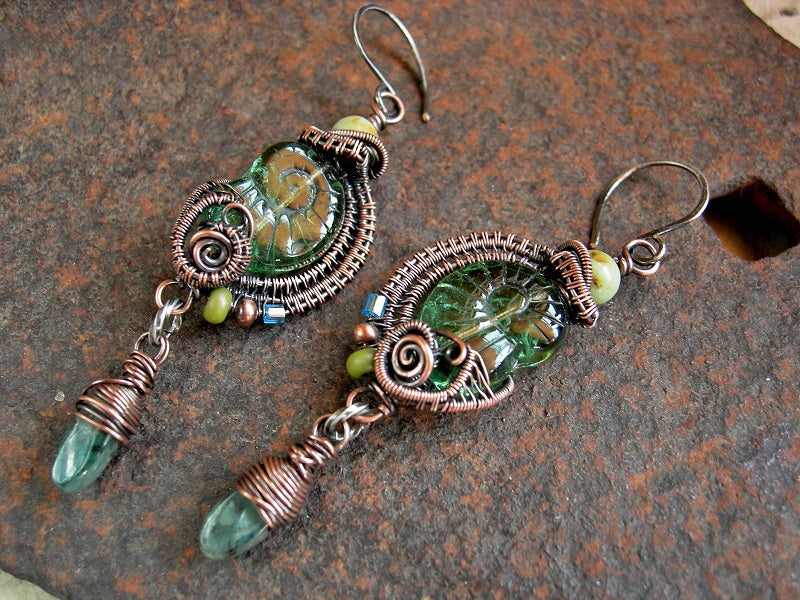 Green pressed glass nautilus bead earrings with copper wire wrap, chysoprase, apatite, sterling ear wires. 