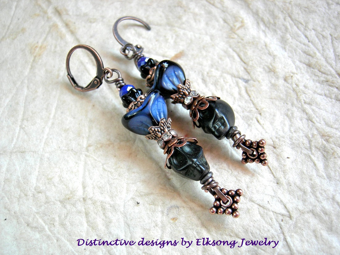 Blue on Black Sugar Skull Earrings, Magnesite, Glass Flowers, Copper